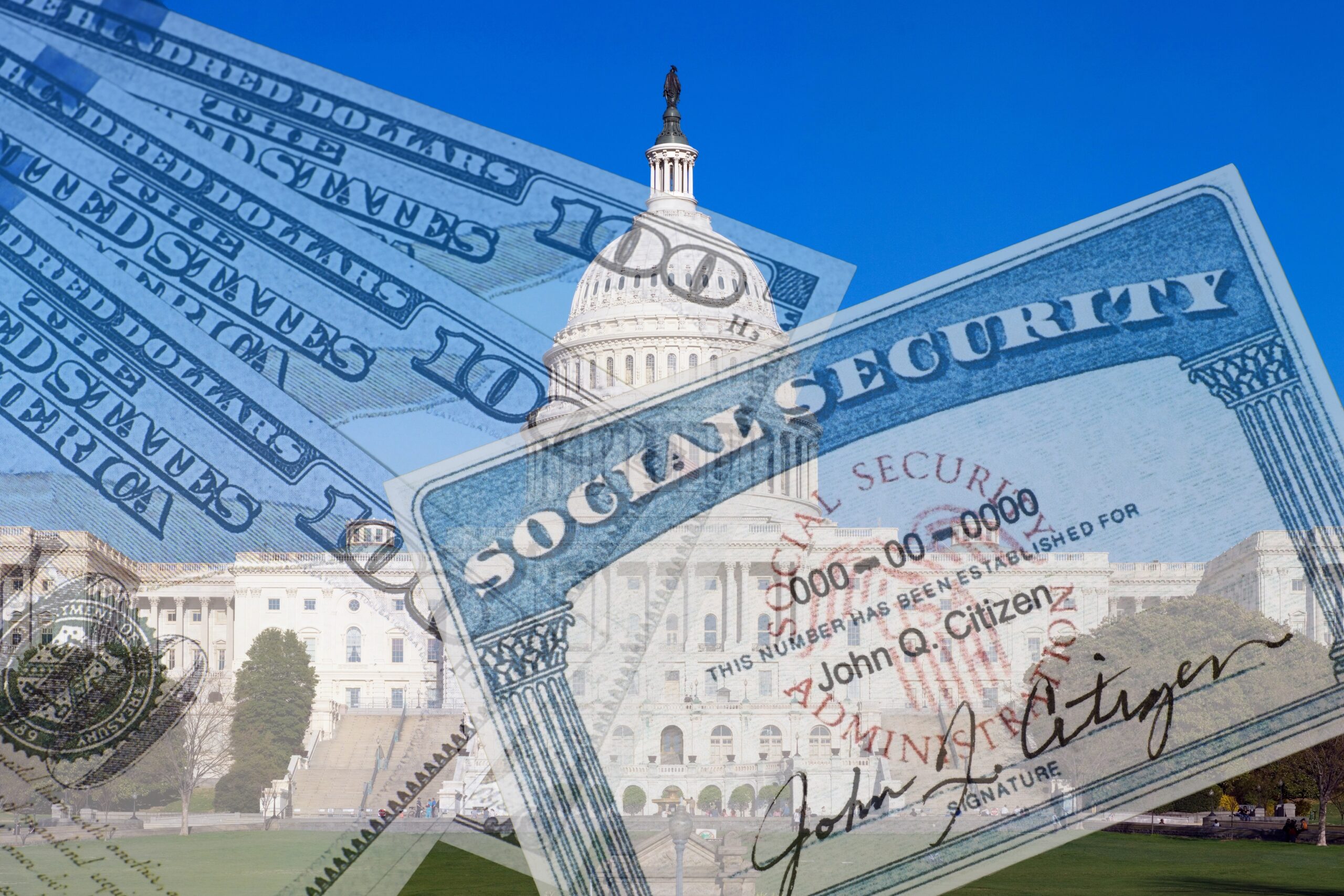 social security card, three one hundred dollar bills with the US capital in the background