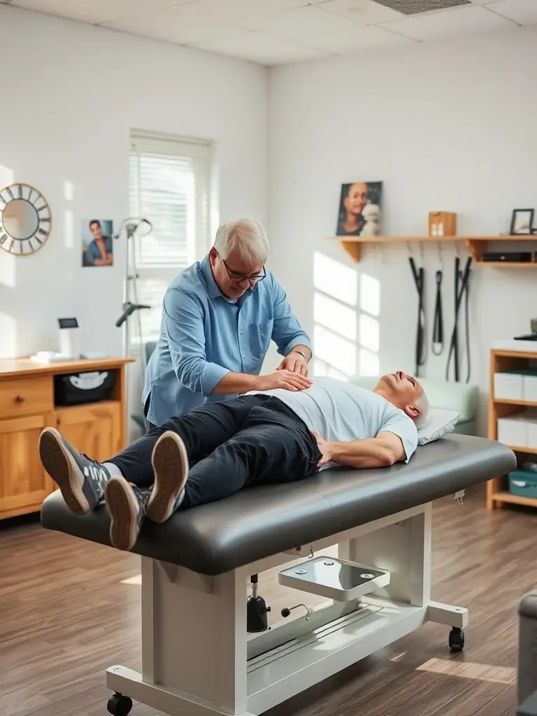 A senior man receiving a chiropractic adjustment in a bright clinic.