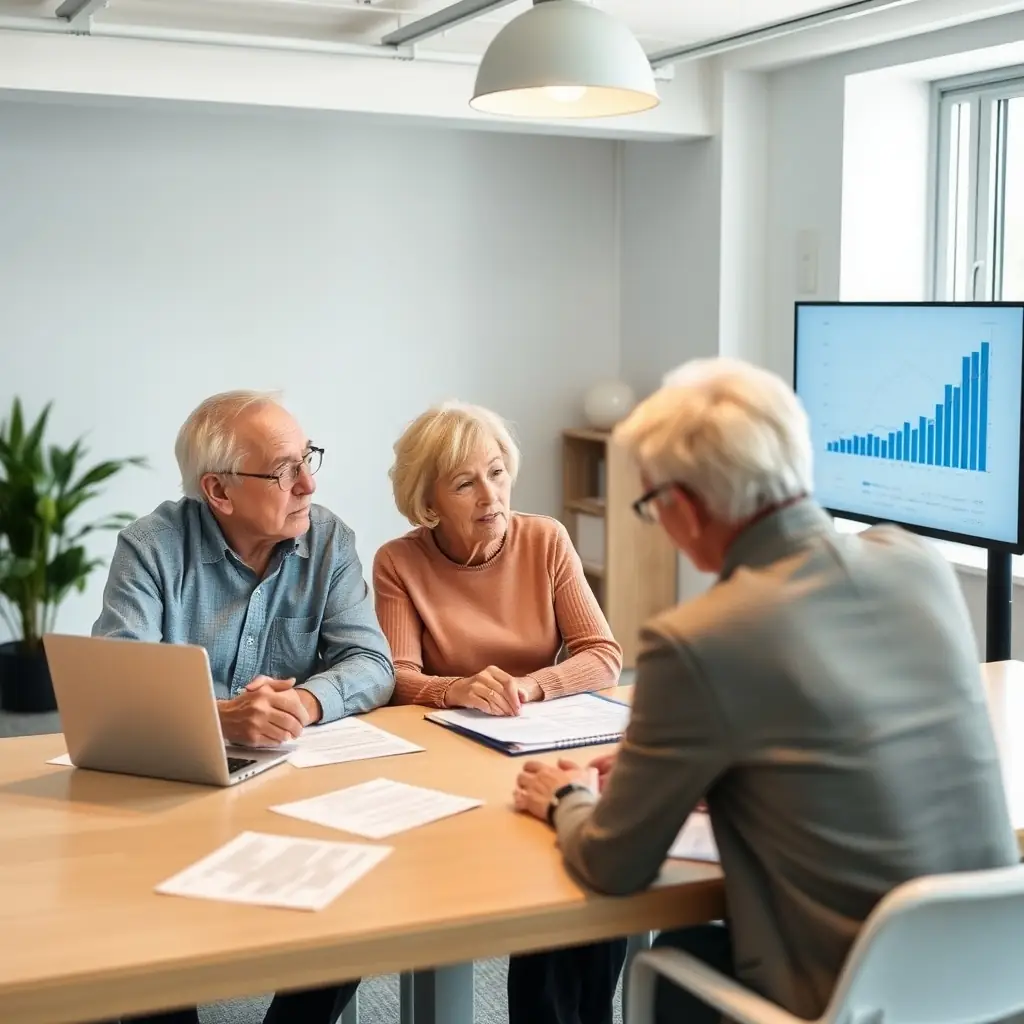 senior couple meeting with a professional advisor reviewing their retirement options