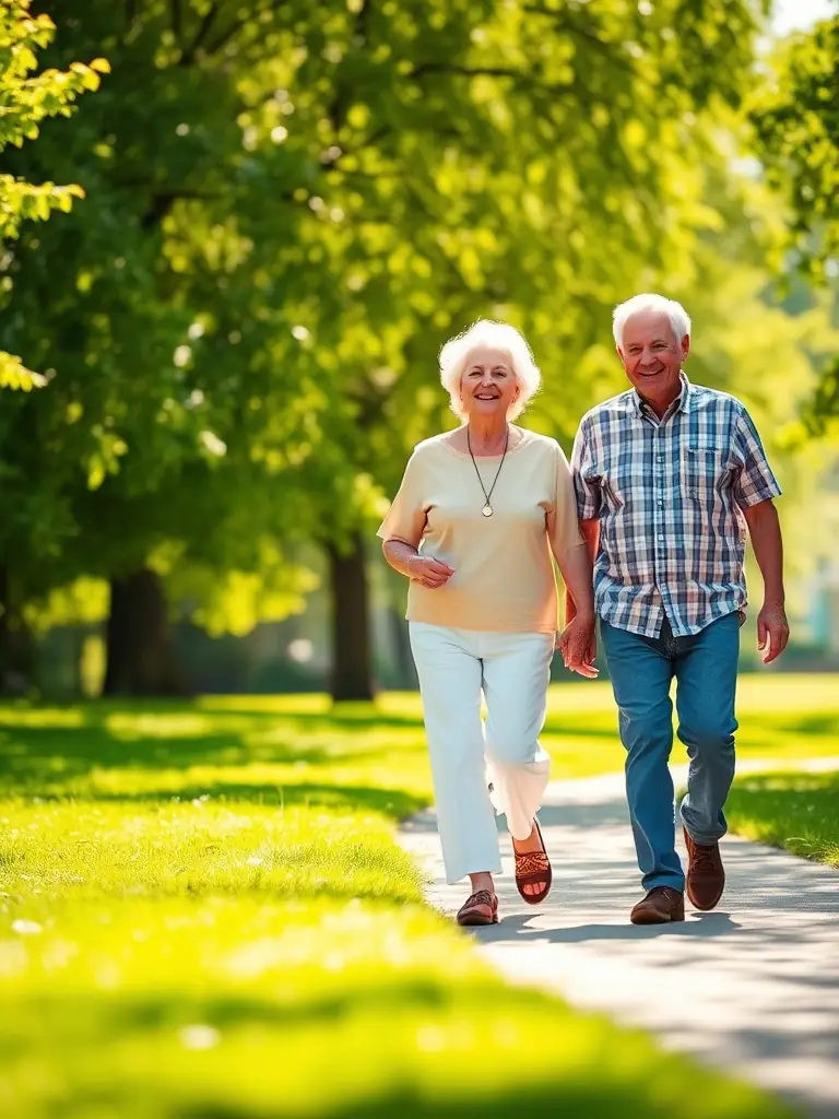 A senior couple walking in a sunlit park, focusing on their feet.