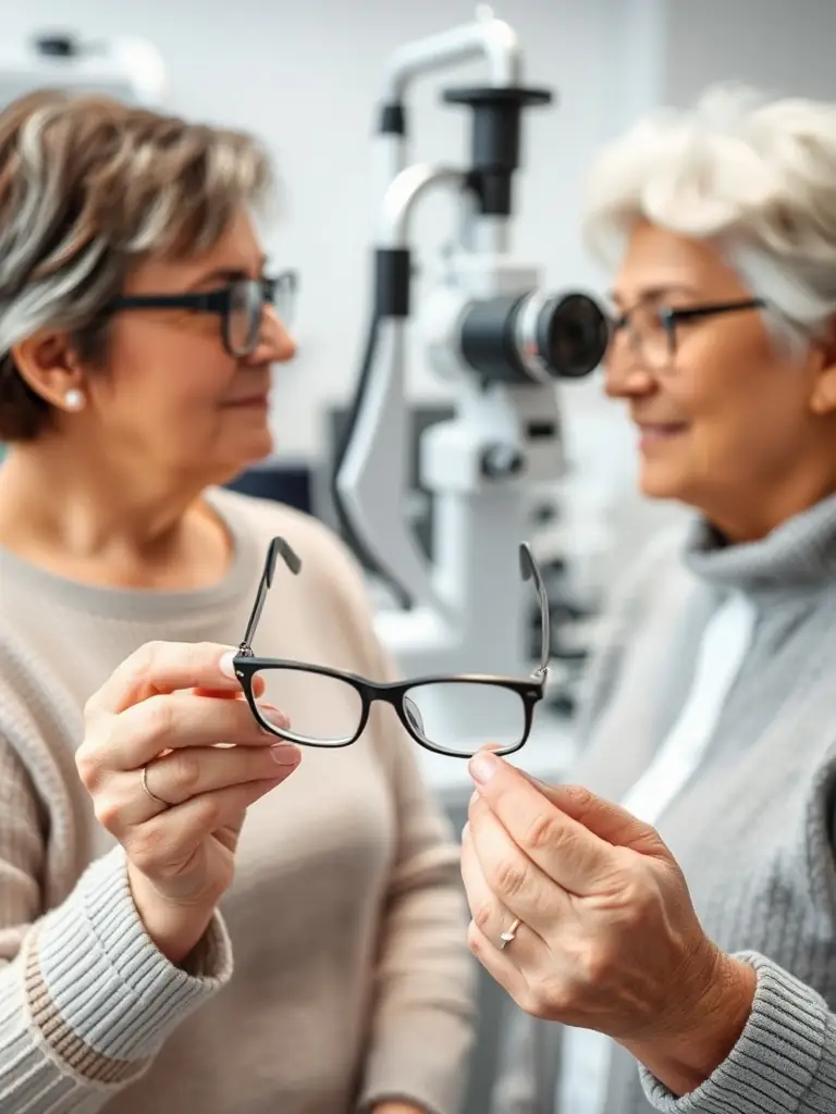 A senior woman holding eyeglasses with an optometrist in the background.