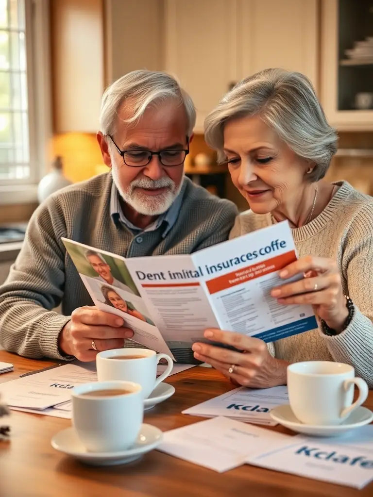 A senior couple reviewing a dental insurance brochure at a kitchen table.