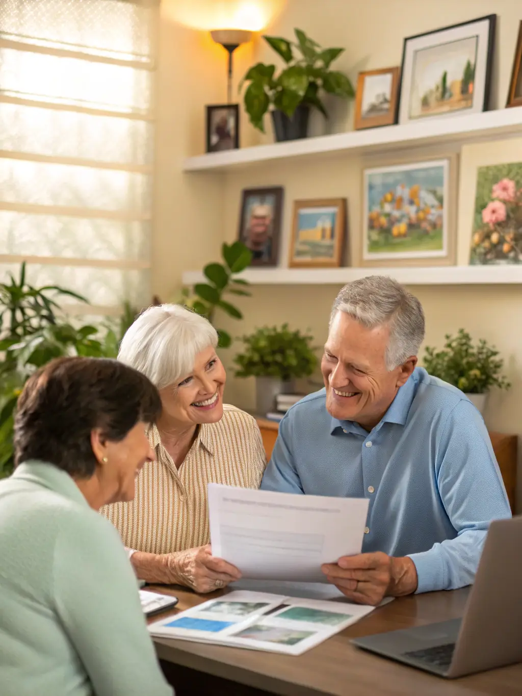 A senior couple smiling and reviewing Medicare plan options with a Senior Health & Wealth Solutions advisor in a bright, modern office setting, emphasizing personalized guidance.