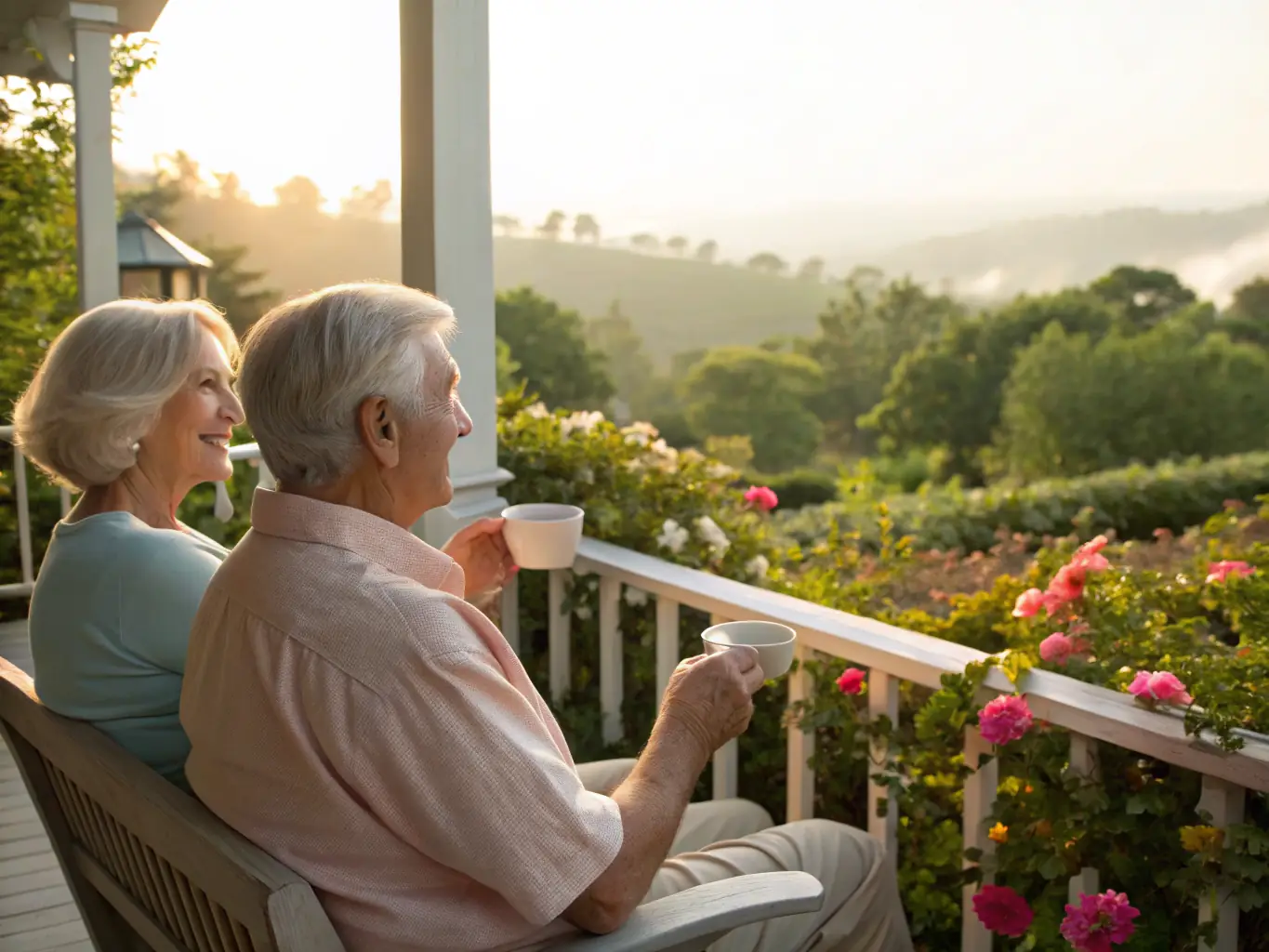 A serene image of a retired couple enjoying a hobby, such as gardening or painting, representing a fulfilling and financially secure retirement.